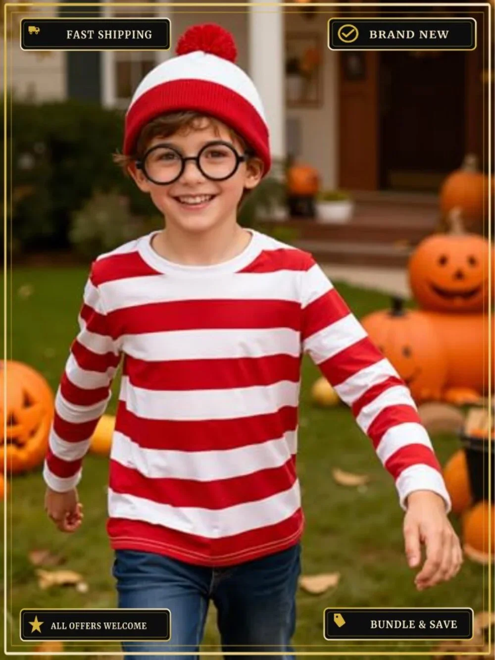Kids Halloween Costume Set Striped T-Shirt Beanie Nerd Glasses 10-12Y